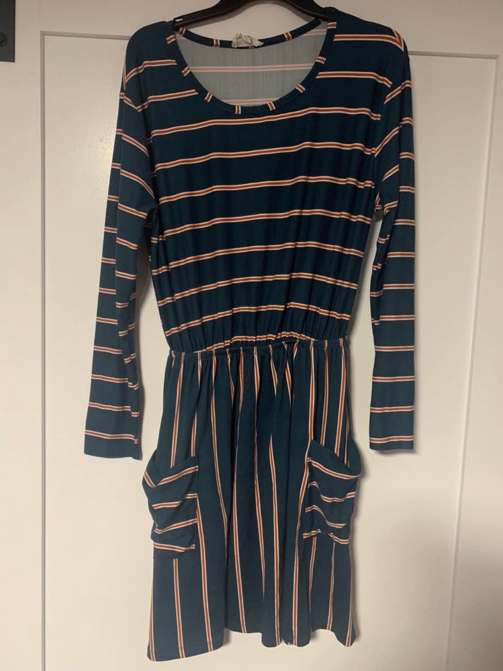 Betsey’s Boutique Shop XL Striped Long Sleeve Dress Teal Pockets Elastic Waist